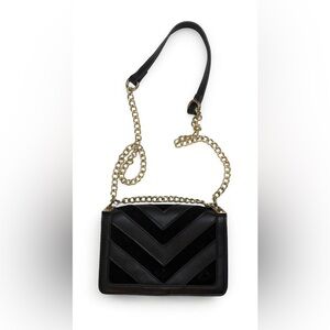 Black and Gold Leather & Velvet Cross Body Chain Bag with Adjustable Strap